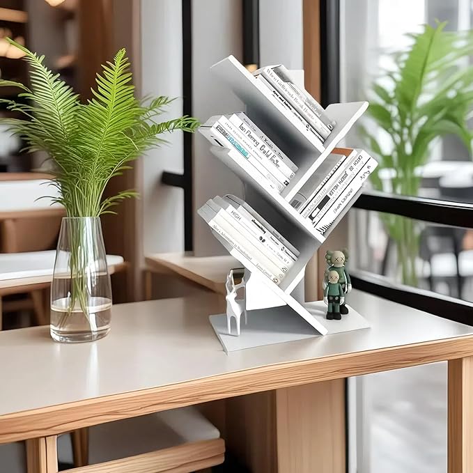 Godferyxin Small Bookcase for Desk Decor, 5-Tier White Wood Small Bookshelf – Compact Corner Mini Bookcase for Bedroom, Office, or Apartment, Holds Books, CDs, and Decor Book Tree Bookshelf