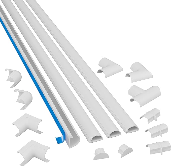 D-Line 13.12ft Cord Hider Kit, Patented Cable Cover, Hide Wires on Wall, Channel for TV Mount Cords, Raceway Wire Hiders, Paintable, Adhesive, Half Round, 4X 1.18in W x 0.59in H x 39in Lengths, White
