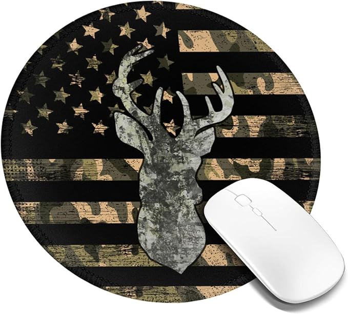 Camo American Flag Deer Round Mouse Pad Premium Textured Mouse Mat Washable Mousepads with Extended Stitched Edges Non Slip Rubber Base Small Mousepad 7.9 X 7.9 X 0.12 Inches
