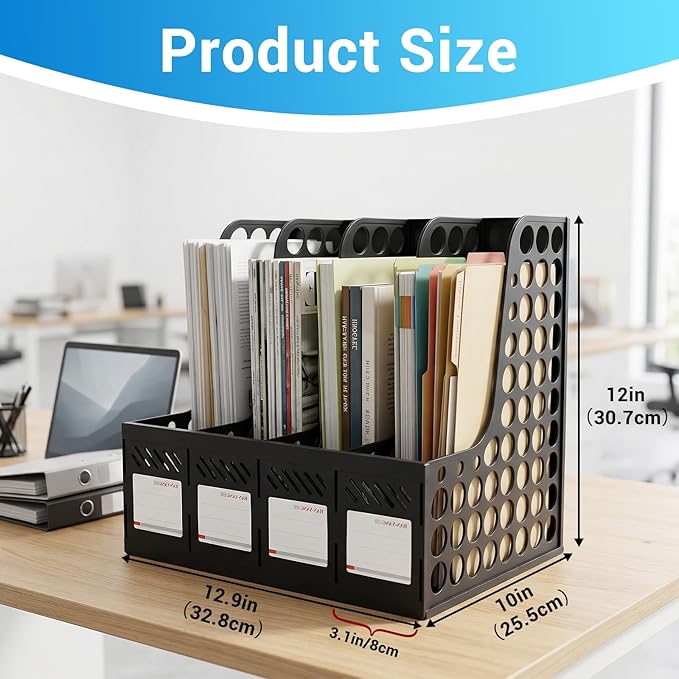 Ysenchan Plastic Magazine File Holder & Desk Organizer, 4 Vertical Compartments File Folder Organizer for Office Classroom Organization, Coloring Book Storage with Sturdy Binder Accessories(Black)