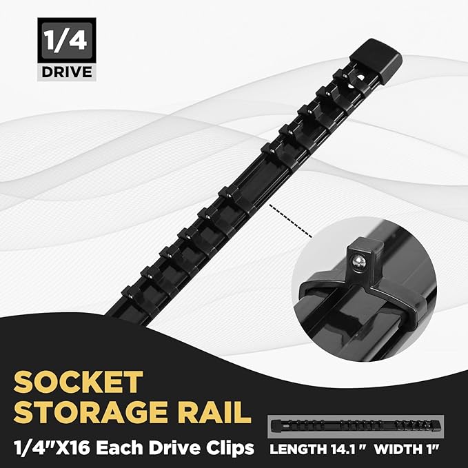 Socket Organizer, 1/4-Inch Drive Heavy Duty Socket Holder Kit ABS, Socket Rail 1/4-Inch x 16 Clips Black, 3 Pieces