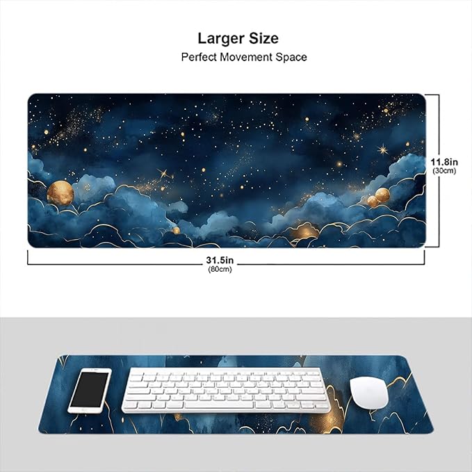 Watercolor Navy Blue Gaming Mouse Pad Celestial Clouds Star Gold Lines Large Gaming Mouse Mat with Stitched Edges,Non-Slip Waterproof Rubber Base Mous Mat 31.5x11.8 Inch