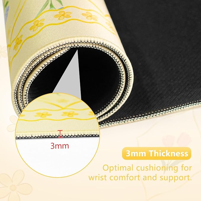 Floral Aesthetic Yellow Mouse Pad Large 35.4×15.7 Flower Girly Desk Mat for Women, Non-Slip Water-Resistant Pad for Home Office Gaming Decor