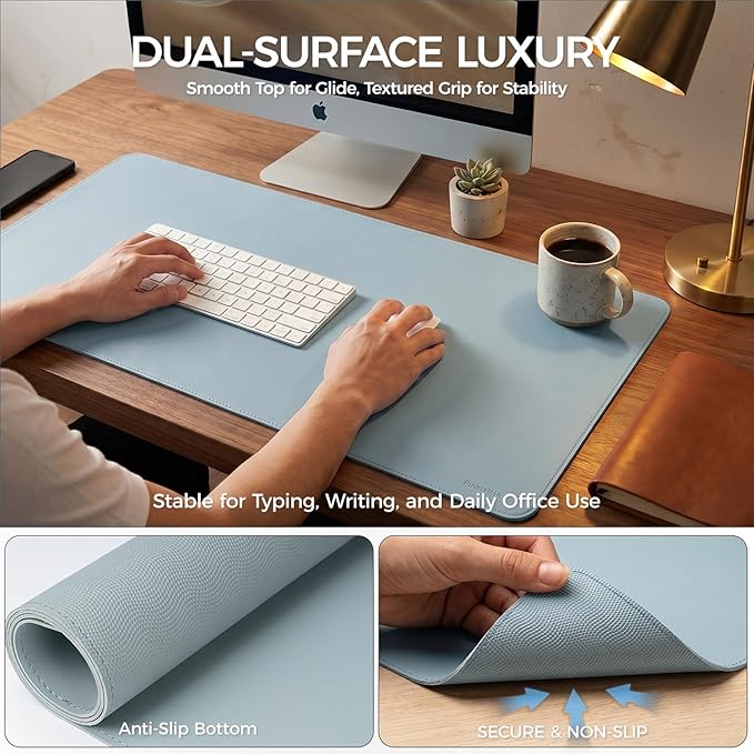 Large Desk Pad Non-Slip Desk Mat Protector for Keyboard Mouse Waterproof Vegan Leather Surface Faux Leather Laptop Mat Smooth Mouse Pad Premium Gift Tube Morning Fog Blue 23.6" x 13.7"
