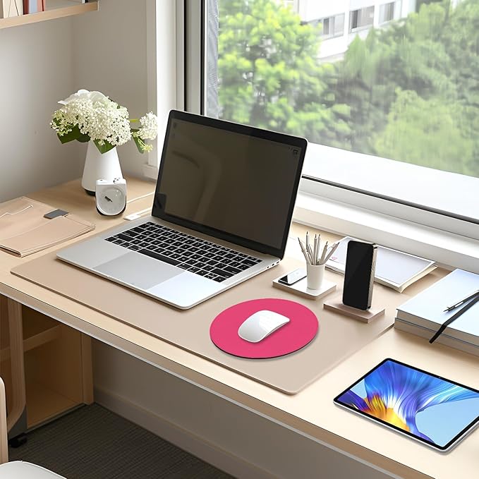 Leather Mouse Pad, Office Mouse Mat Non-Slip Rubber Base Stitched Edge Washable Waterproof Round Mousepad for Office Gaming PC Laptop, Round Diameter 8.7 inches, Rose Pink