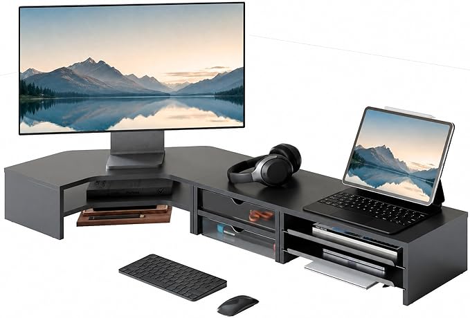 Fenge Dual Monitor Stand, 2-Tier Corner Monitor Riser with Drawer and Slide-out Tray, Triangle Desktop Shelf Organizer for Laptop Computer Printer Home Office Desk, Black