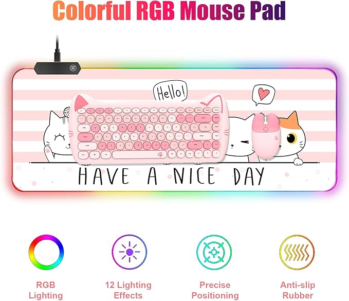 RGB Large Gaming Mouse Pad, Extended Mouse Pad with 12 Lighting Effects, Water Proof Mutispandex Surface, Non-Slip Rubber Base, 80x30 cm / 31.5×11.8 in (Cat)