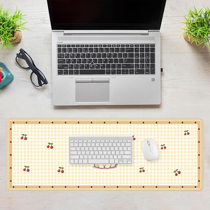 Cute Puppy Mouse Pad Cartoon Cherry Gingham Mousepad Extended Large Laptop Keyboard Non-Slip Rubber Base with Stitched Edges for Home 31.5x11.8 Inch