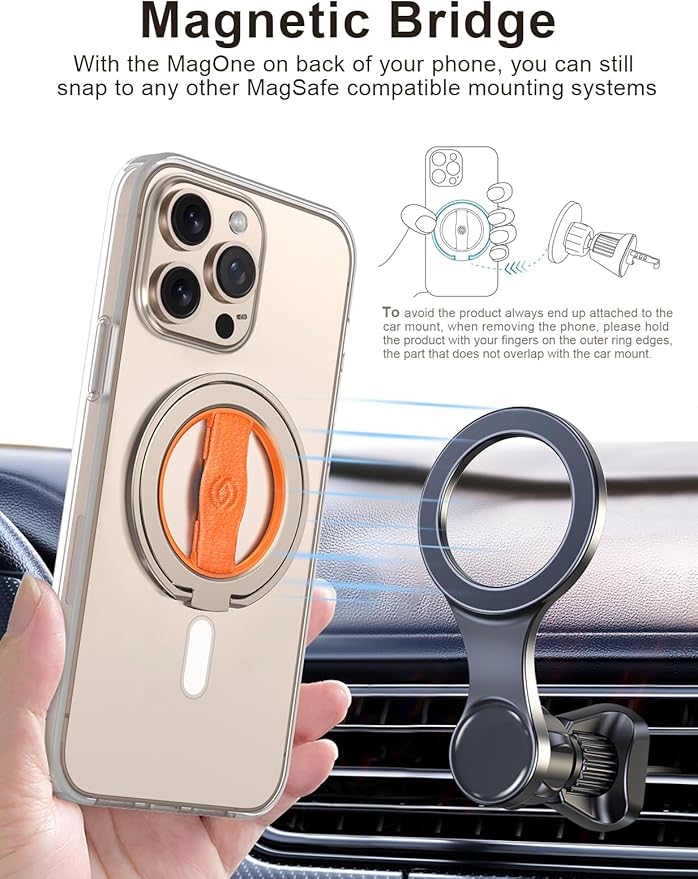 EWA MagOne 3rd Gen [Compatible with MagSafe] Phone Grip Stand with Finger Strap, Removable Magnetic Ring Holder Kickstand Loop for iPhone 17,16,15,14,13,12 Series-(Gold-Orange)