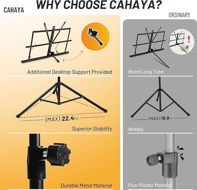 CAHAYA Portable Sheet Music Stand: Dual Use Desktop Book Holder Folding Lightweight Extra Stable Reinforced with Carrying Bag and Clip for Students Musicians Height Adjustable up to 54.3" CMS0204
