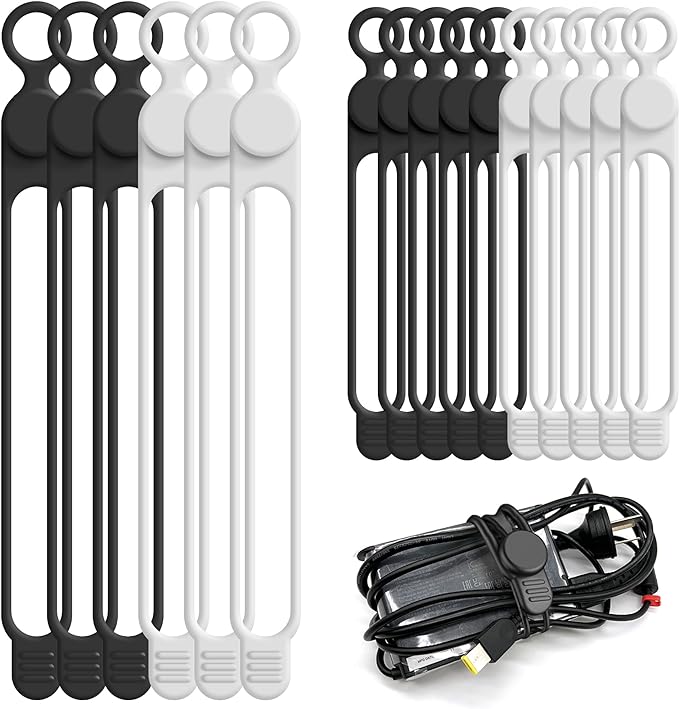 Silicone Cable Ties Cord Organizer Cable Management, 16Pcs 4.2" and 7.1" Reusable Cable Organizer Electronic Accessories for Home, Office, Kitchen, School, Travel(Black&White)