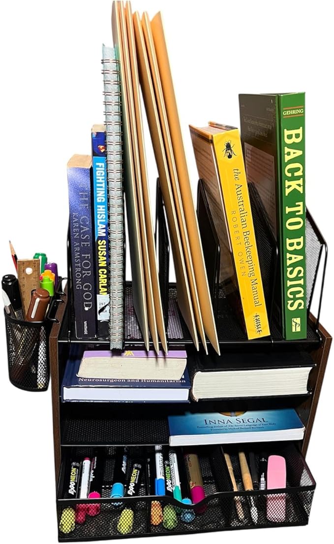 Wooden Desk Organizer - 4-Tier Desktop File Organizer with Drawer, Wooden Paper Tray, Vertical File Holders & 2 Pen Holders - Office Desk Organizer for Papers, Mail, Notebooks, Stationery