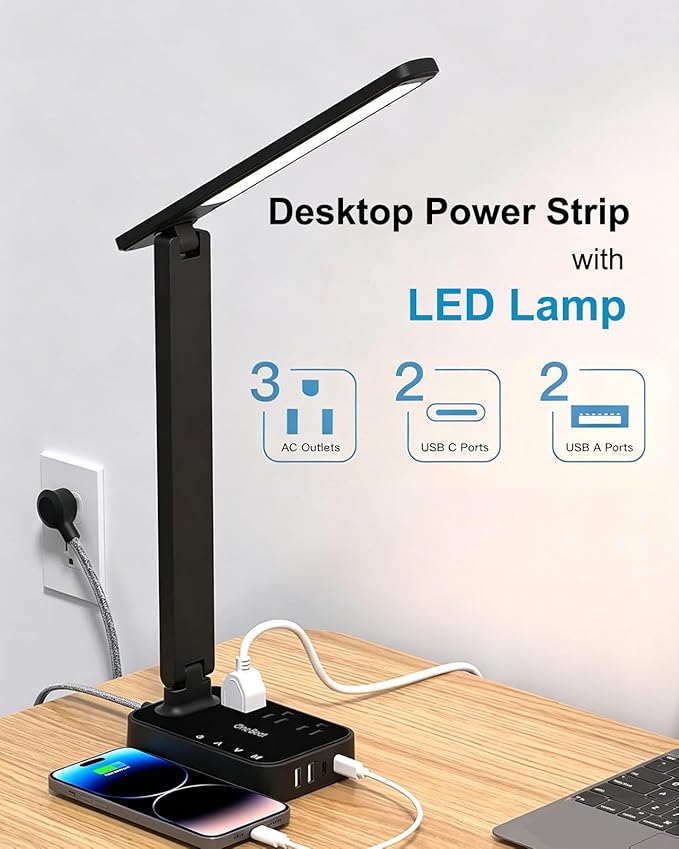 One Beat Small LED Desk Lamp Power Strip 10ft Extension Cord, 3 Outlets 4 USB Ports(2 USB C), 4 Modes, 5 Level Touch Lamp, Study Reading Light, Home Office Bedroom College Dorm Room Essentials, Black