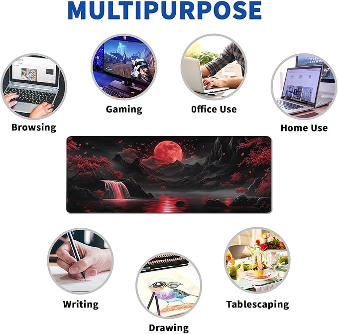 Darkness Red Moon Mouse Pad Abstract Red Mouse Pad 31.5x11.8 Inch Non-Slip Rubber Base Large Mousepad Stitched Edges Keyboard Mouse Mat Desk Pad for Office and Home(2)