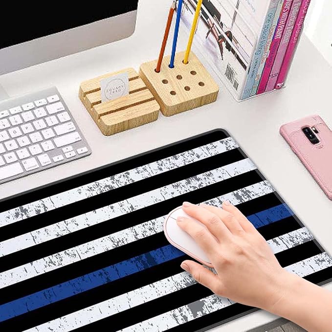 Gaming Mouse Pad, Large Mouse Pads for Desk, Non-Slip Rubber Base Mousepad, Keyboard Mouse Mat Desk Pad with Stitched Edges, 31.5x11.8 inch Retro Thin Blue Line Flag