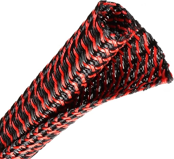 Wire Loom Tubing, 10ft Split Braided Cable Management Sleeve, Flexible Mesh Cord Protector Cable Sleeve for TV Computer (Red and Black, 3/8")