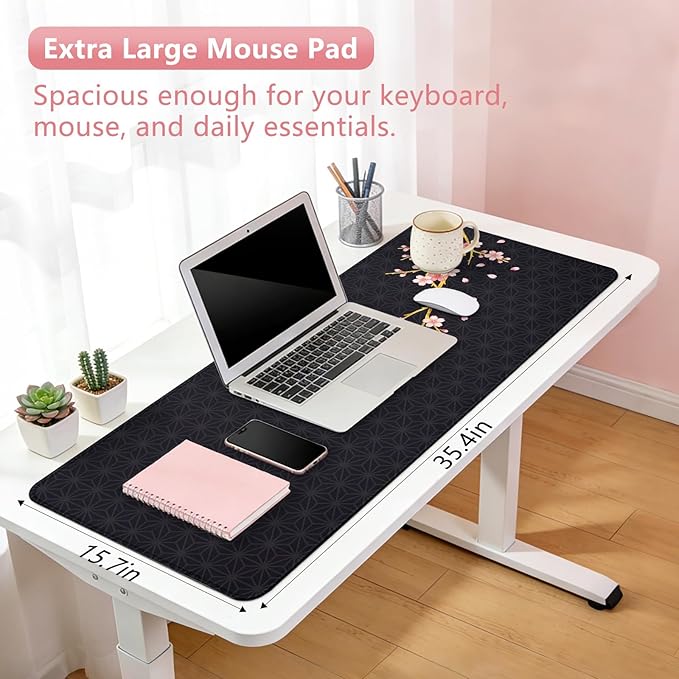 Black Cherry Blossom Mouse Pad Large 35.4×15.7 Pink Floral Japanese Desk Mat for Women, Non-Slip Water-Resistant Keyboard Pad for Home Office Gaming