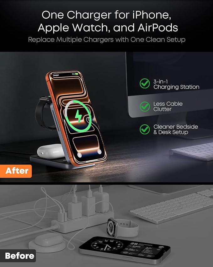 Qi2.2 25W 3-in-1 Foldable Magnetic Wireless Charging Station with 2-Level Night Light, Phone Charger Stand Compatible with iPhone 17/16/15/14/13/12, Apple Watch & AirPods, 45W Adapter Included