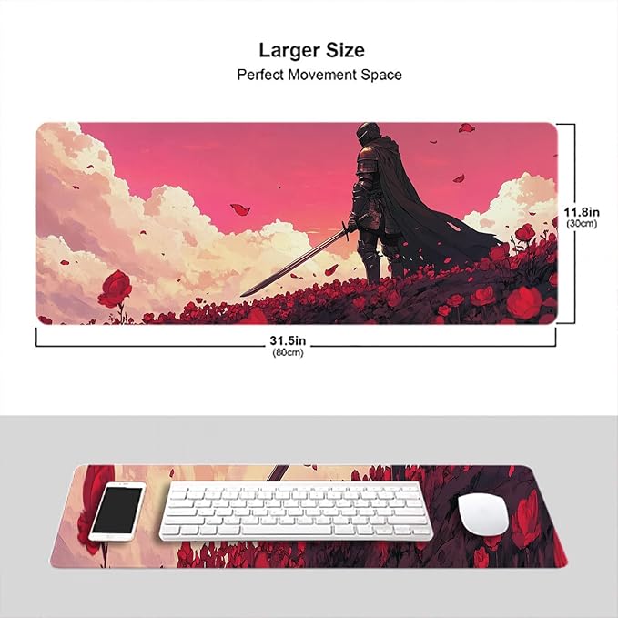 Medieval Knight XL Mouse Pad, Red, Pink, Polyester, 31.5"x11.8", Gaming Desk Pad