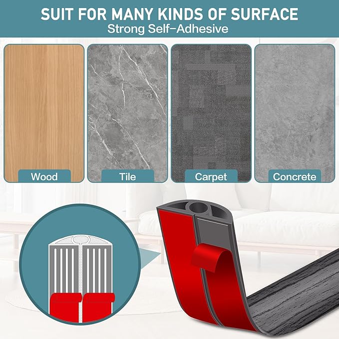 Floor Cord Cover Self Adhesive Cord Hider Floor Extension Cord Covers for Floor Power Cord Protector Cable Management Prevent Cable Trips Cable Cavity 0.32" W x 0.32" H (Deep Grey Wood, 10Ft)