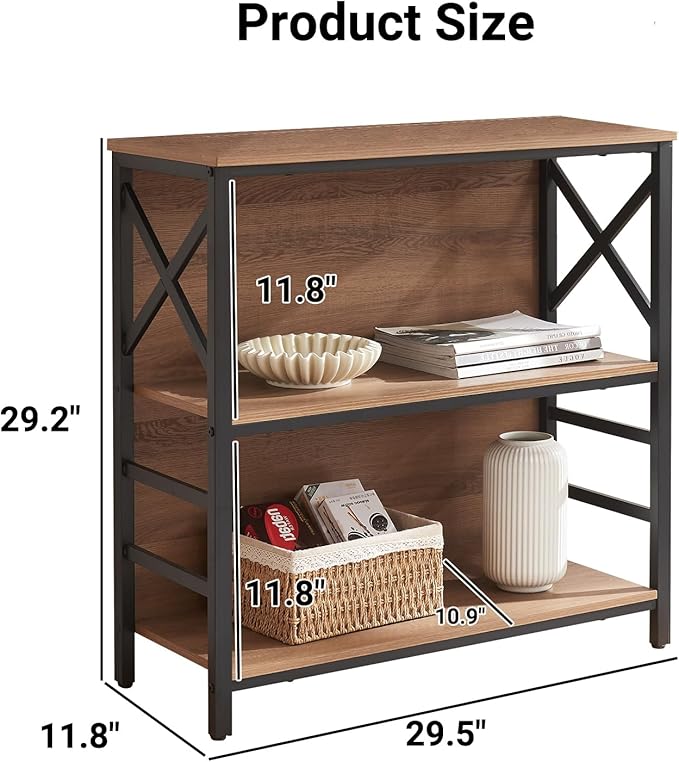 MNEETRUNG Small Bookshelf,3 Tier Industrial Bookcase with Metal Frame and Backboard,Low Rustic Brown Book Shelf,Book case for Small Spaces,Living Room,Bedroom and Home Office