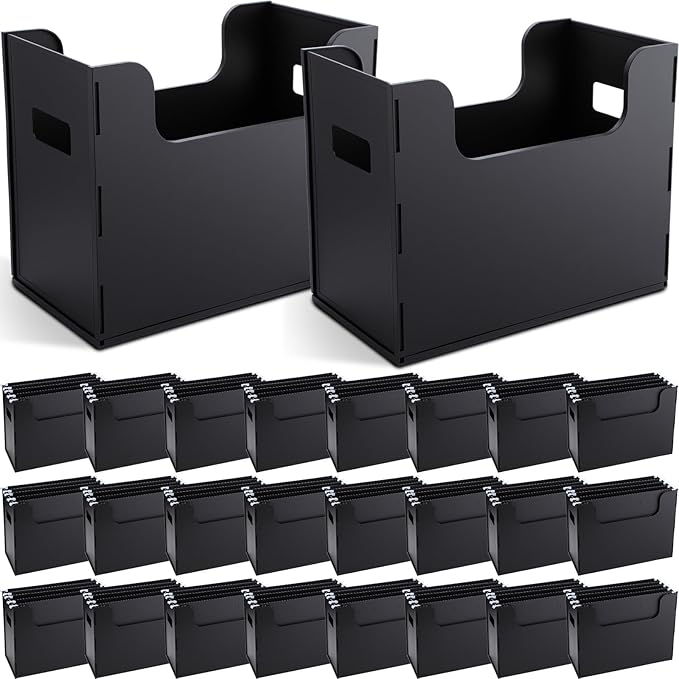 24 Portable Desktop File, Side Handles, Filing Organizer, Hanging File Folders, Letter Size for Schools Office Home (Black)
