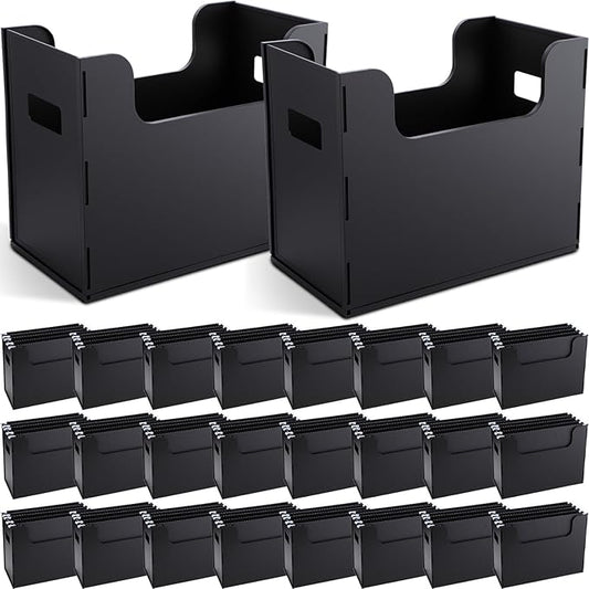 24 Portable Desktop File, Side Handles, Filing Organizer, Hanging File Folders, Letter Size for Schools Office Home (Black)