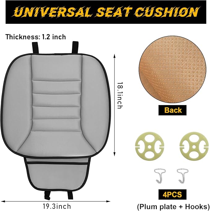 povtii Car Seat Cushion with Front Pocket, Non-Slip Bottom Cushion for Car Driver Office or Home Chair, Breathable Pressure Relief Seat Pad with Memory Foam, Car Accessories (Gray)