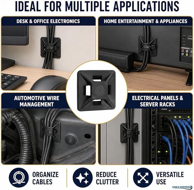 Kable Kontrol Zip Tie Mounts, 1/2” Sq, Black, 100 Pcs, Adhesive Backed Multi-Purpose UV-Resistant Mounting Squares Nylon Cable Tie Wrap Anchor Pads for Cable Management