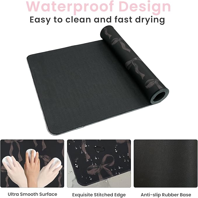 Black Desk Mat with Bows, Large Bow Mouse Pad Keyboard Mat for Computer Laptop Non-Slip Rubber Base Gaming Mousepad, Cute Black Desk Accessories Girly Office Desk Mat for Teen Girls Women 35.4 x 15.7