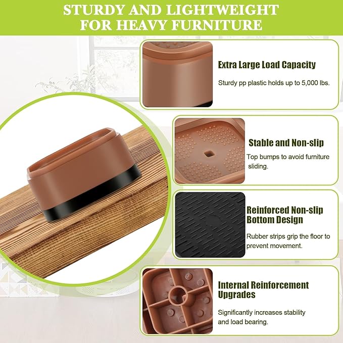 9 Pack Furniture Risers 1 Inch, Adjustable Bed Risers Heavy Duty for Table Desk Couch Chair Sofa Cabinet Bed Legs Dorm, Square Stackable Bed Raisers Blocks Lift Height 1", 2" or 3", Brown