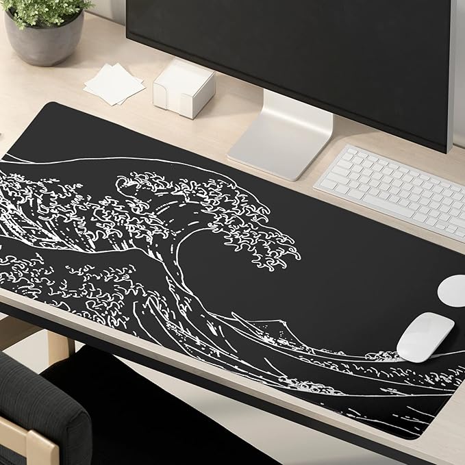 Black and White Japanese Sea Wave Mouse Pad,Extended Large Gaming Mouse Pads 31.5x11.8 in,Japanese Kanagawa Desk Mat,Laptop Mousepad Non-Slip Rubber MousePads for Office Home Travel