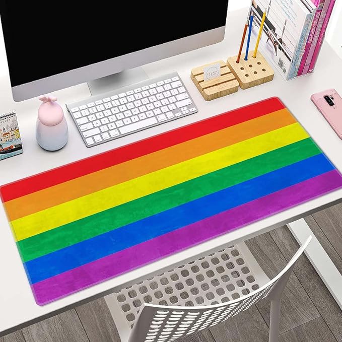Rainbow Desk Mat LGBT Colored Flag Large Mouse Pad XL Extended Gaming Mousepad Keyboard Mouse Mat Desk Pad for Computer Laptop 31.5''X11.8'' Non-Slip Rubber Base with Stitched Edges