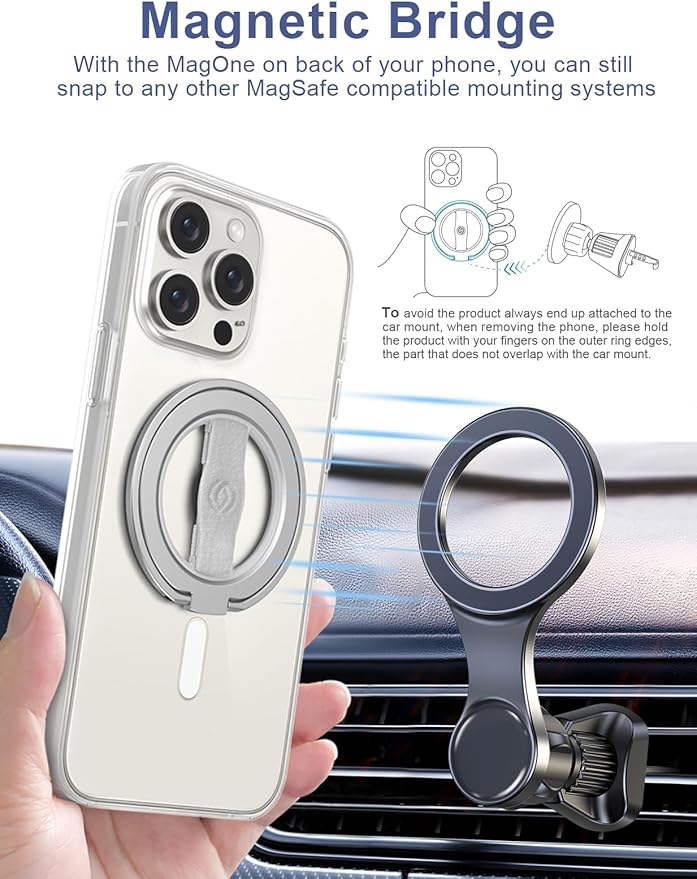 EWA MagOne 3rd Gen [Compatible with MagSafe] Phone Grip Stand with Finger Strap, Removable Magnetic Ring Holder Kickstand Loop for iPhone 17,16,15,14,13,12 Series (Silver)