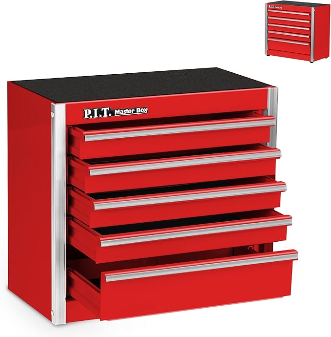 P.I.T. Mini Tool Box 8.6"W X 4.6"D, Portable 5-Drawer Micro Steel Stackable Toolbox with Liner, Red Cute Tool Case for Small Tools Parts Storage, Home DIY
