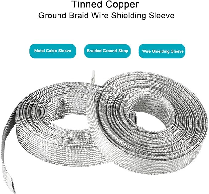 Tinned Copper Braided Cable Shielding Sleeve Metal Wire Loom Sheathing EMI RFI ESD Protector Grounding Mesh Flat Tubular Expandable 5/16" W(0.20" ID)-16FT