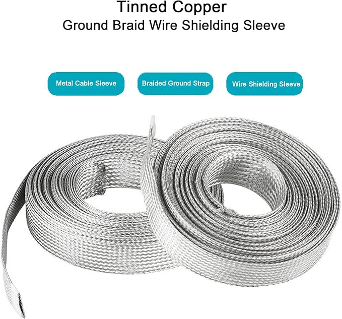 Tinned Copper Braided Cable Shielding Sleeve Metal Wire Loom Sheathing EMI RFI ESD Protector Grounding Mesh Flat Tubular Expandable 5/8" W(0.40" ID)-9FT