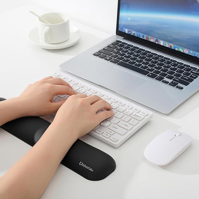 UnivoColors Design-Medium Wave Keyboard Wrist Rest of Medium, Artificial Sheepskin+Memory Foam+Ergonomic+Anti-Slip Gel, Resilience Support During Work and Gaming,Keyboard Accessory,Black