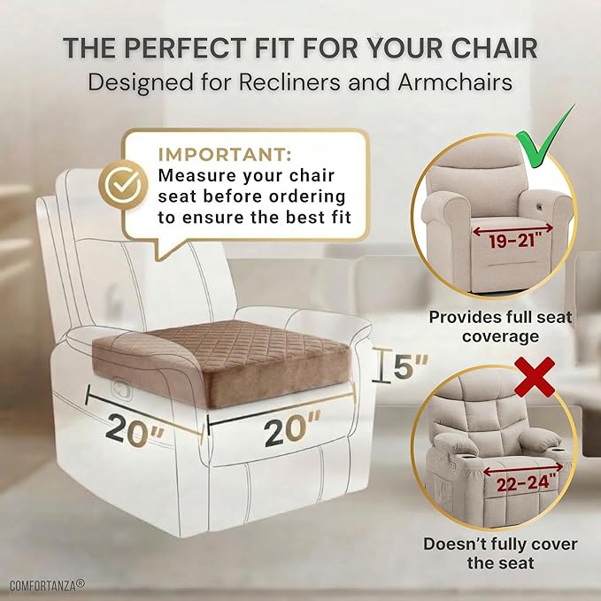 Soft 20x20x5 Memory Foam Recliner Chair Seat Cushion for Long Sitting - Armchair Pad with Washable Velvety Cover & Non-Slip Base for Seniors & Elderly - Brown