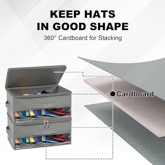 2 PCS Stackable Hat Storage for Baseball Caps, Space Saving Hat Organizer Box for Closet, with All Around Cardboard Support, Zipper Lid, Clear Window and 3 Handle, Each Holds 12 Hats