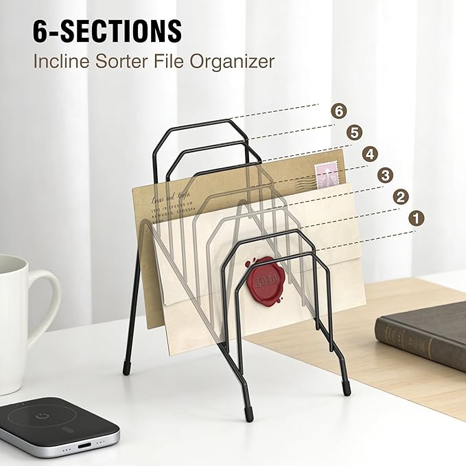 Gawerk Incline Desk Mail Organizer, Mail Sorter Letter Organizer Rack with 6-Section Vertical Compartments Rack for Letters, Postcards, Brochures, Mail Holder for Office, Home, School