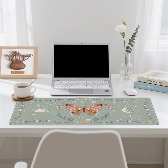 DINKY Leather Desk Pad, Green Butterfly Laptop Computer Desk Keyboard Mat, Table Protector Blotter Mat, Non-Slip Large Mouse Pad for Office/Work/Home 35.4" x 15.7"