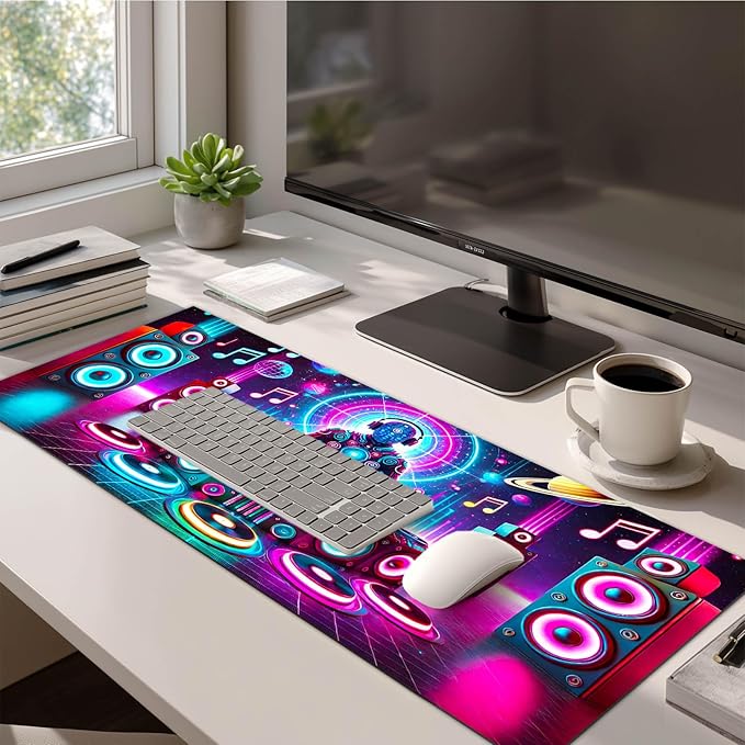 HOMETITUTE Large Mouse Pad 31.5 x 11.8 Inch Neon DJ Music Desk Mat Extended Keyboard Mousepad Non Slip Waterproof Gaming Desk Pad Futuristic Party Design for Home Office