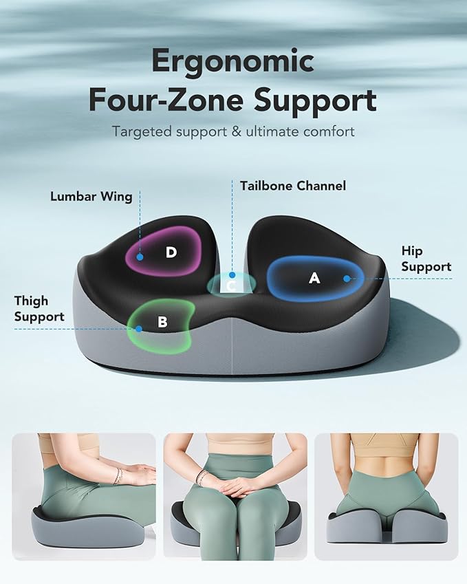 HUANUO Seat Cushion for Office Chair, Extra Large Memory Foam Cushion for Office Chair,Car & Wheelchair - Sciatica & Tailbone Pain Relief for Long Sitting, Ergonomic Design with Anti-Slip Bottom