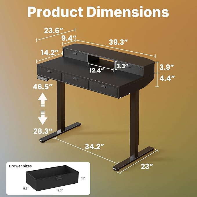 HUANUO 40 X 24 inch Electric Standing Desk with 4 Drawers, Adjustable Height Sit Stand Home Office Desk, C-Clamp Mount Compatible, Ergonomic Stand up Desk with 4 Preset Heights, Black