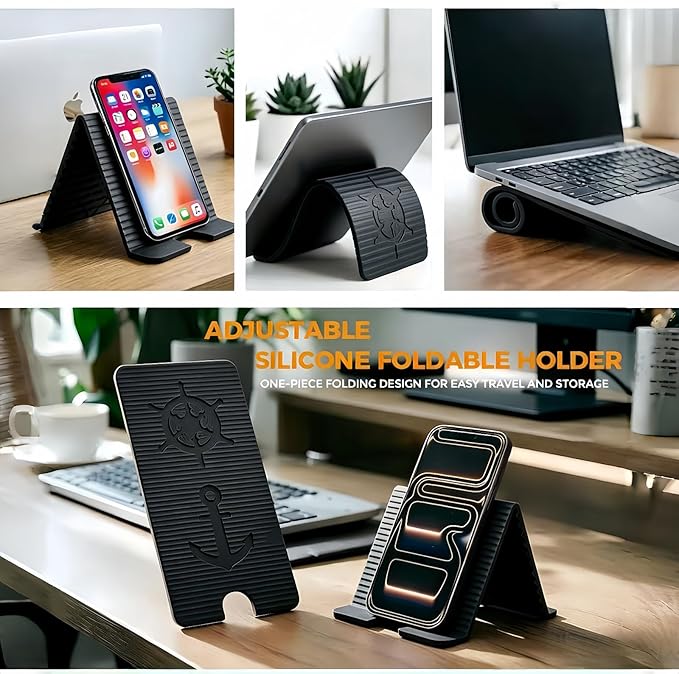 Flexible Silicone Aluminum Phone Holder Tablet Stand with Charging Port Design, Foldable Airplane Laptop/Phone Stand for Home Office Travel (Black+Orange)