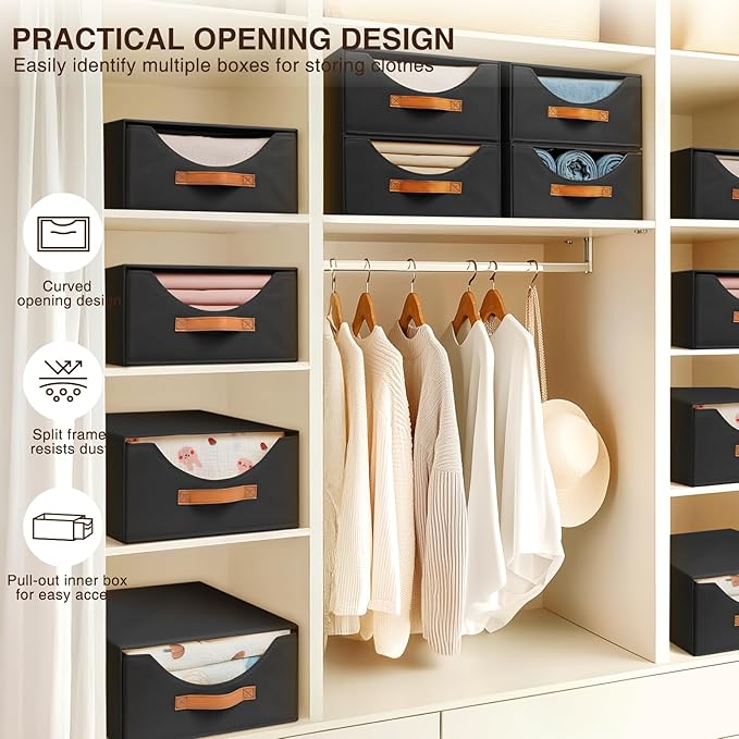 Homsorout Large Stackable Storage Bins - Fabric Pull-out Closet Shelf Organizer, Linen Closet Organizers and Storage, Decorative Storage Boxes for Bedroom, Office, Dorm, 3 Pack, Black