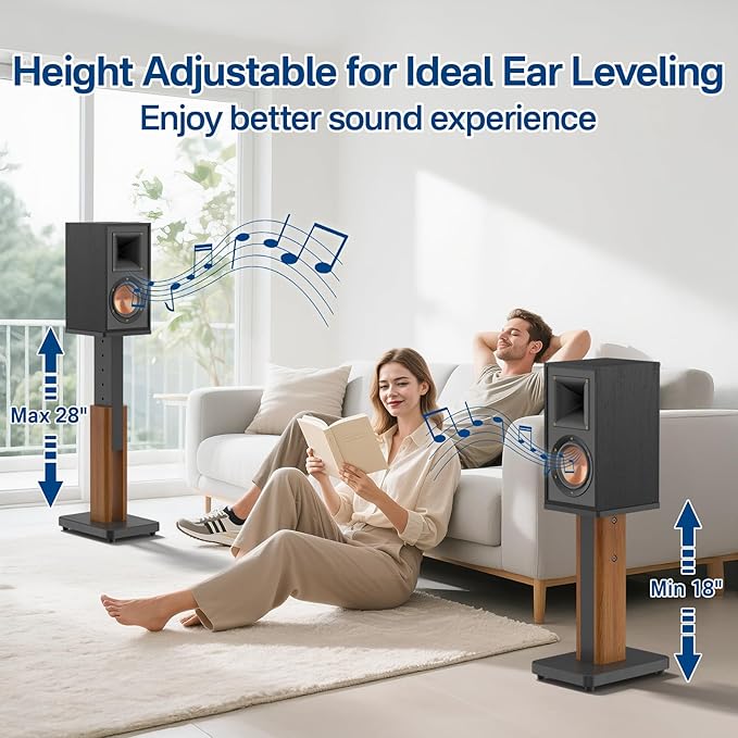 Height Adjustable Speaker Stands Pair for Studio Monitor & Bookshelf Speaker Stands-Wood Grain Floor Speaker Stands for Klipsch, ELAC, JBL, KEF, Edifier Surround Sound Speaker Stand Up to 50 Lbs