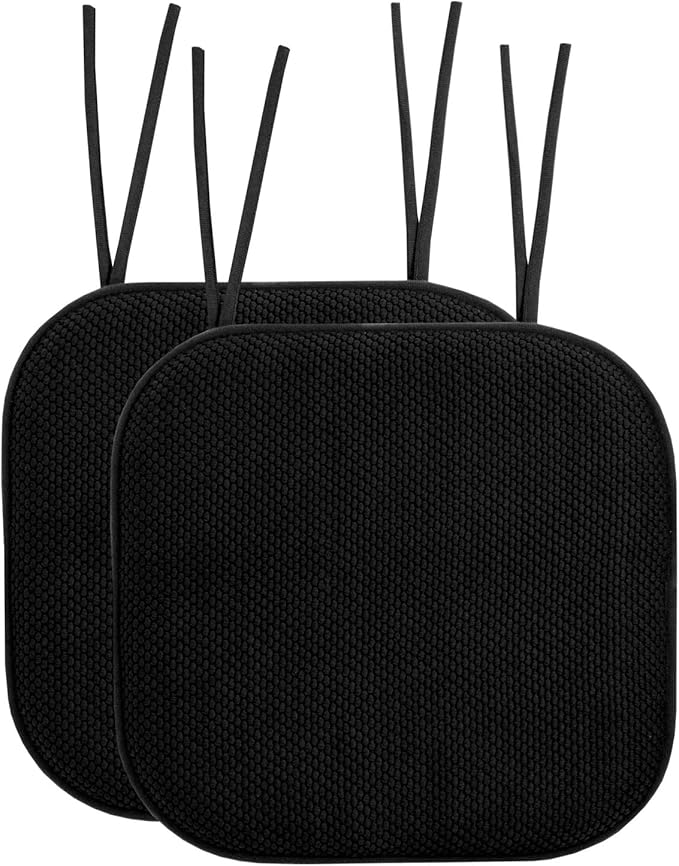 Sweet Home Collection Chair Cushion Memory Foam Pads with Ties Honeycomb Pattern Slip Non Skid Rubber Back Rounded Square 16" x 16" Seat Cover, 2 Pack, Black