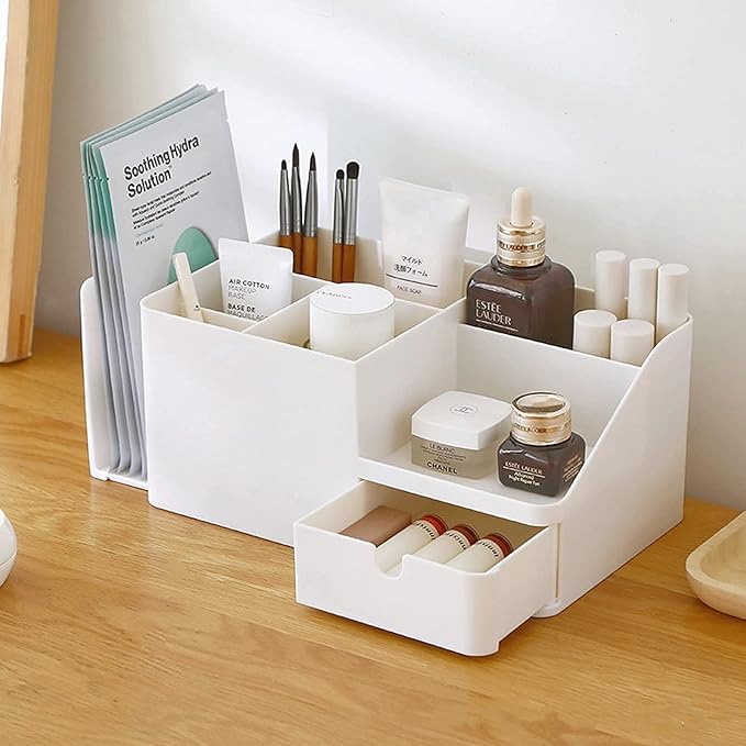 Desk Organizer with Bookshelf White Desktop Organizers and Accessories Bookends Multifunctional Office Stationary Organizer with Drawer Plastic Makeup Storage Box (Small, Beige)